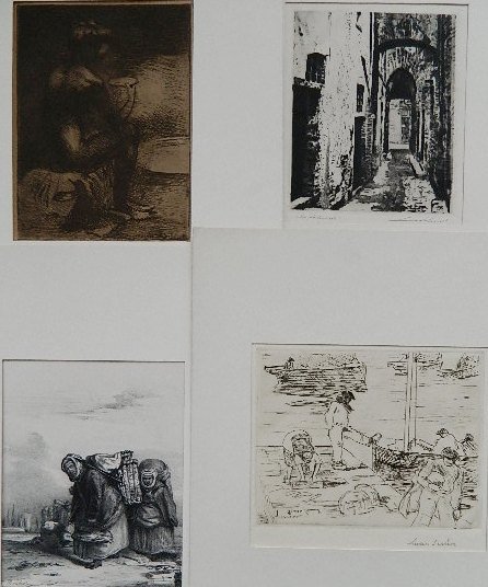 DeLasalle; Moudrol; Schnell; Simon - 4 etchings: 4 Etchings- 1.) Angele DeLasalle- Etude; 2.) Moudrol- ''Marchandes de Poisson d'edimbourg''; 3.) Leon Schnell- ''Via Lonbanhort''; 4.) Lucien Simon- ''The Quay''. 2 signed in pencil, various sizes.