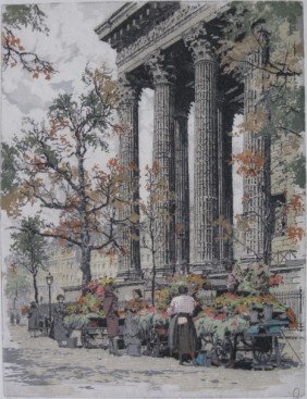 Hans Figura etching: Hans Figura- ''Flower Vendors, Paris''- etching and aquatint in colors, signed in pencil, very good condition. 12 3/4 x 9 3/4''