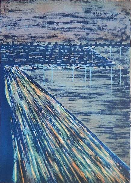 Richard Florsheim lithograph in colors: Richard Florsheim- ''Outer Drive'' (Iacono 234)- lithograph in colors, 1972, signed in pencil, AAA edition of 125, very good condition. 13 3/16 x 9 7/8''