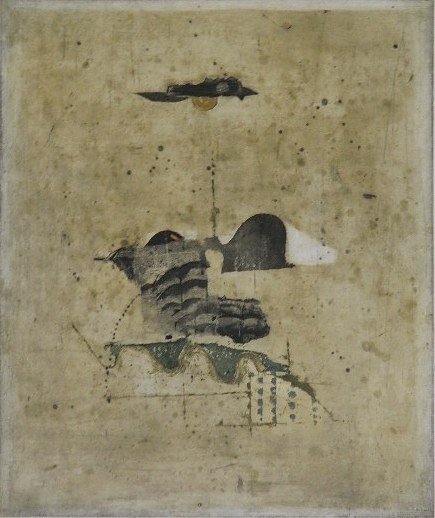 Johnny Friedlaender etching: Johnny Friedlaender- Untitled- etching in colors, signed and numbered 27/95 in pencil, margins folded, some glue residue at edges. 19 x 15 3/4''