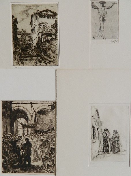 W. Geiger; G. Gobo; P. L. Guilbert - 4 etchings: 4 Etchings - 1.) Willi Geiger- The Banderillero; 2.) and 3.) Georges Gobo- Coin de Marche a Venise; Village Canal; 4.) Paul Louis Guilbert- Village Woman Chatting. 3 signed i pencil, various sizes.