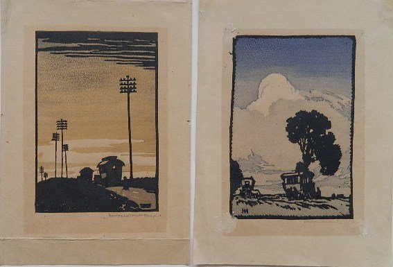 20th c. European School 2 woodcuts: 20th c. European School- Caravans in The Country- 2 woodcuts in color, both signed in pencil, slightly light struck, margins have been folded, thin spots in paper in margins. 7 1/2 x 5'' ea.