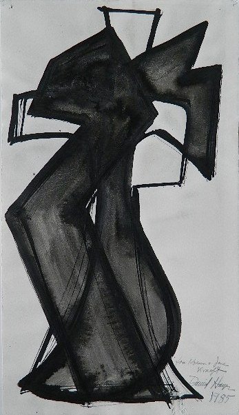 David Haupers pen and ink and watercolor: David Haupers- Cross- pen and ink and watercolor on paper, 1985, signed, dated and dedicated 'for Norman and Jane Kraeft' in pencil, abrasion at lower right along bottom edge, minor soiling. 21 1/2 x 