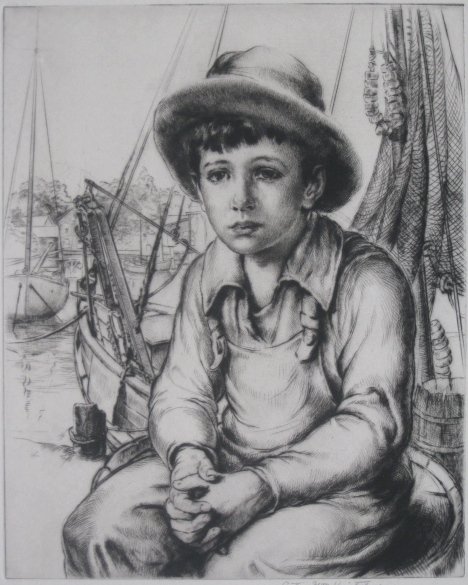 Arthur William Heintzelman etching: Arthur William Heintzelman- ''Portuguese Fisherman's Son'' (Smith 247)- drypoint, 1940, signed in pencil, edition of 300, faintly light struck, minor soiling in margin, slightly weak along plate line.
