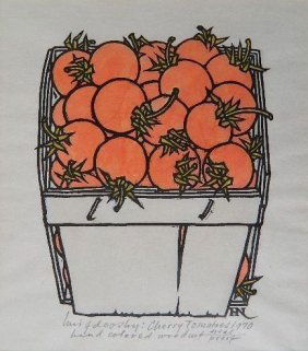 Jacques Hnizdovsky woodcut: Jacques Hnizdovsky- ''Cherry Tomatoes'' (Tahir 107)- woodcut with hand-coloring, 1970, signed, titled, dated and annotated 'hand colored woodcut trial proof' in pencil, slightly faded. 5 1/2 x 4 1/2''
