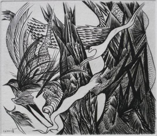 Ian Hugo engraving: Ian Hugo- ''Radiant Figure Lightly'' (AAA/Czestochowski 1979.012.02)- engraving, 1943, signed, titled, dated and numbered 37/50, from 'Ten Engravings' portfolio as published in 1979. 3 7/8 x 4 3/8''