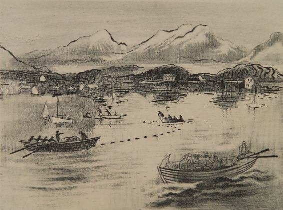Joe Jones lithograph: Joe Jones- Boats on A Lake- lithograph, signed in pencil, slightly light struck, tape residue at corners recto and verso. 9 3/8 x 12 1/2''