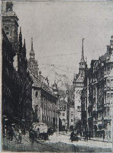 Luigi Kasimir etching: Luigi Kasimir- Street Scene- etching, signed in pencil. 6 1/4 x 4 5/8''