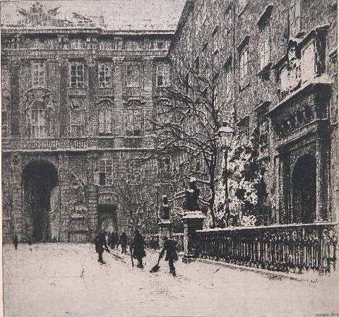 Luigi Kasimir etching: Luigi Kasimir- ''Janner 1918''- etching, signed in pencil, age toned, 1 staining in center of image, other minor staining in margin. 8 7/8 x 9 1/4''