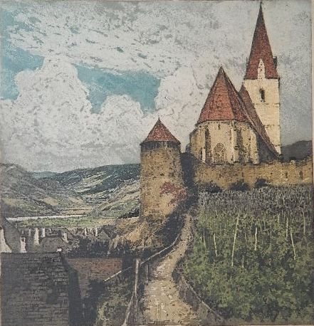 Luigi Kasimir etching: Luigi Kasimir- ''Weissenkirchen on the Danube''- etching in colors, signed in pencil, age toned, minor staining in margin. 9 1/2 x 9''