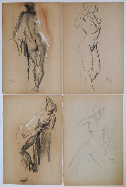 Henry G. Keller 4 charcoal: Henry G. Keller- Female Nudes- 4 charcoal on paper, 2 with white highlights and 1 also in brown, 3 signed, 2 stamped verso 'Gift- Albert F. Keller' and 'Art Center La Jolla Library', age toned, few sm