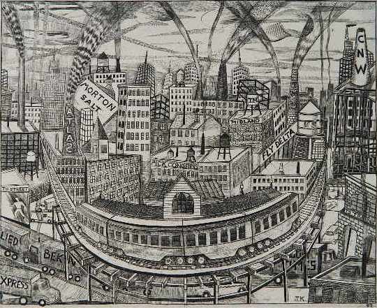 John Knujdsen etching: John A. Knudsen- ''The Loop''- etching, 1992, signed, dated, titled and annotated 'Images Impression' in pencil, very good condition. 9 3/4 x 12''