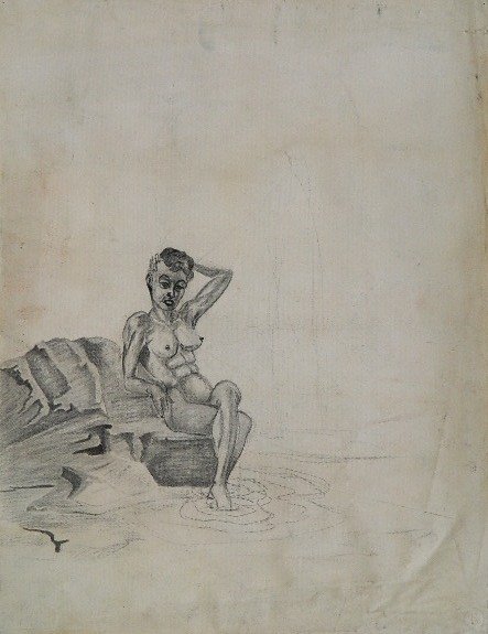 Beni Kosh charcoal: Beni Kosh- Nude By Water- charcoal on paper, estate stamped and numbered 798, several creases, smudges. 24 3/4 x 19''
