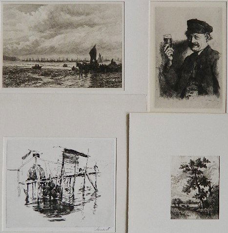 Law; Leibl; Louvry; Vahrenhorst - 4 engravings: 4 Engravings- 1.) David Law- Fishing Boats off Whitby; 2.) Wilhelm Leibl- The Toast; 3.) Louvry- Le Vieux Chege; 4.) Paul Vahrenhorst- Lobster Pots. Vahrenhost is signed in pencil, various sizes.