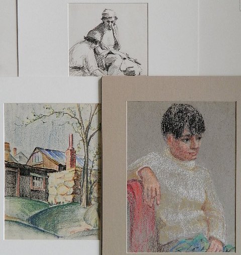 Edna W. Lawrence 3 drawings: Edna W. Lawrence- ''Mary B''; ''House with Stone Wall'' and ''Preparation''- 2 color crayon and 1 charcoal on paper, 'Mary B' signed in pencil 'E. W. Lawrence'- lower left, 'House...' with an almost h