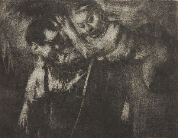 Jack Levine etching: Jack Levine- ''Self-Portrait with Muse'' (Prescott & Prescott 37)- etching, 1966, signed and numbered 70/100 in pencil, slightly light struck and mat toned. 9 3/4 x 12 5/8''