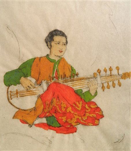 Elyse Lord etching: Elyse Lord- Man with Sitar- etching in colors, annotated in pencil by unknown hand 'Print By Elyse Lord', small margins on left and right side. 11 1/4 x 9 5/8''