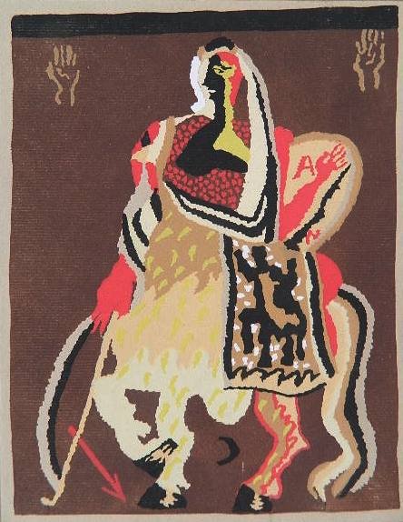 after Jean Lurcat silkscreen: after Jean Lurcat- Tapestry Design- silkscreen in colors, tipped to support sheet, pl. 11 from a folio. 10 1/2 x 8''