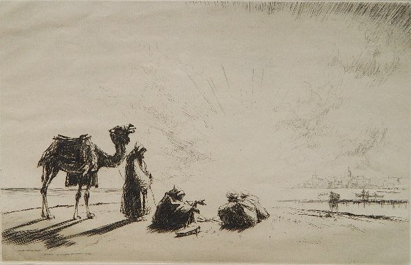 William Douglas Macleod etching and drypoint: William Douglas Macleod- Arab Story Teller- etching and drypoint, c. 1928. signed and numbered XXX A in ink. Printed on the full sheet of cream laid paper with deckle edges and with a watermark and 'F