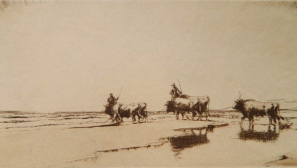 William Douglas Macleod etching: William Douglas Macleod- Bullock Team- etching, c. 1932, signed in pencil. A fine impression with plate tone, printed on tan wove paper, on the full sheet with deckle edges. 5 3/8 x 9 5/8''