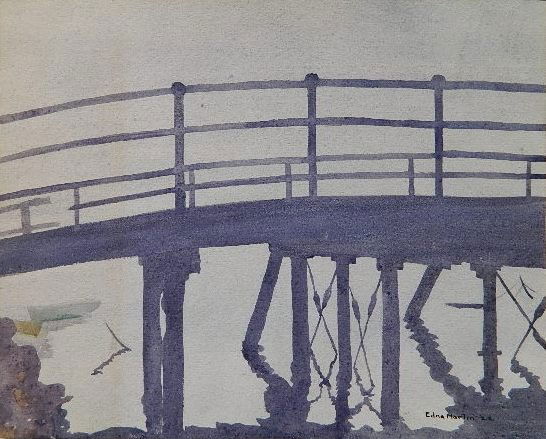 Edna M. Martin watercolor: Edna M. Martin- Bridge- watercolor on paper, 1922, signed and dated 'Edna Martin '22'- lower right. 7 3/4 x 9 3/4''