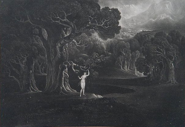 John Martin mezzotint: John Martin- ''Satan Tempting Eve'' (Wees 66)- mezzotint, 1826, Book 9 Line 780 from 'Paradise Lost', minor foxing throughout. 7 3/4 x 10 1/2''