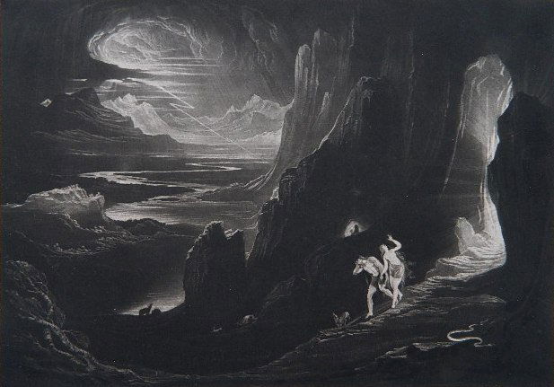 John Martin mezzotint: John Martin- ''Adam and Eve Driven Out of Paradise'' (Wees 73)- mezzotint, 1827, Book 12 Line 641 from 'Paradise Lost', minor foxing throughout. 5 1/2 x 8 1/8''
