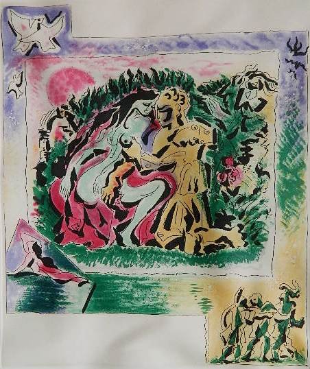 Andre Masson etching: Andre Masson- Untitled- etching in colors, signed and numbered 25/70 in pencil, extensive buckling of paper. 18 1/2 x 15 1/4''