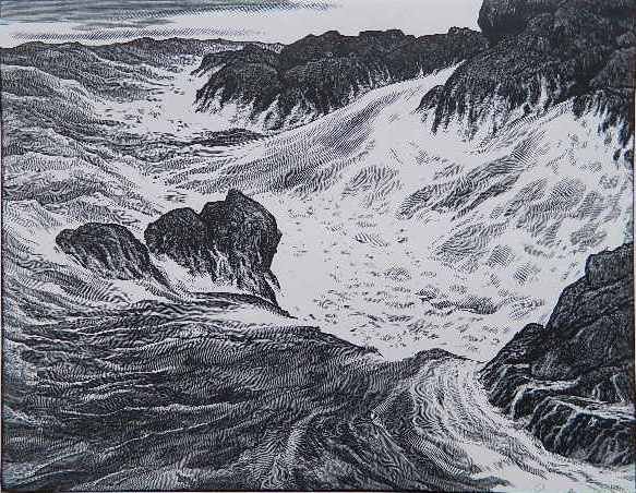 Leo Meissner wood engraving: Leo Meissner- ''Tidal Surge''- wood engraving, 1961, signed and titled in pencil, 31st publication of the Prairie Print Makers, Chicago. 8 1/2 x 10 7/8''