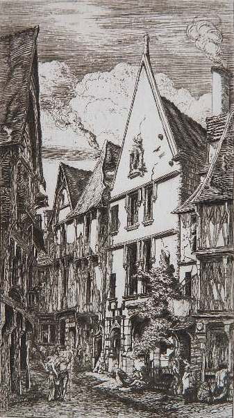 Charles Meryon etching with drypoint: Charles Meryon- ''La Rue des Toiles a Bourges'' (Schneiderman 31xi)- etching with drypoint, 1853, as published in a volume. 8 1/2 x 5 1/2''