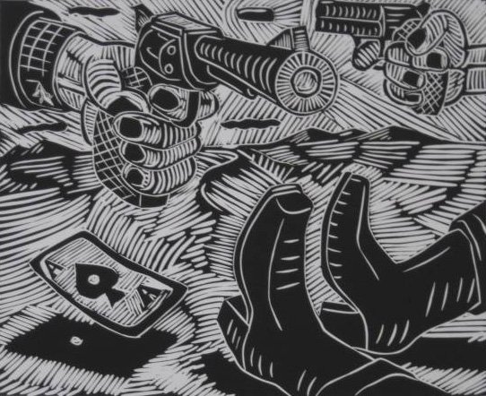 Richard B. Mock woodcut: Richard B. Mock- Ace of Spade- woodcut, 1986, signed, dated and numbered 18/40 in pencil. 13 x 15 3/4''
