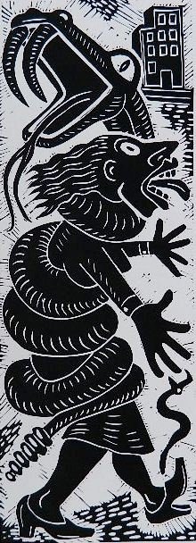 Richard B. Mock woodcut: Richard B. Mock- Woman and Snake- woodcut, 1986, signed, dated and numbered 11/40 in pencil. 9 x 25 1/4