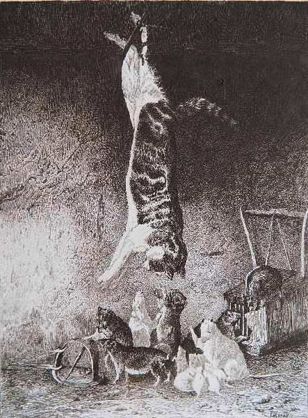 Peter Moran after B. Le Gempt engraving: Peter Moran after B. Le Gempt- ''Cat Feigning Death''- engraving, published by George Barrie, some foxing in margin. 8 3/8 x 6 1/8''