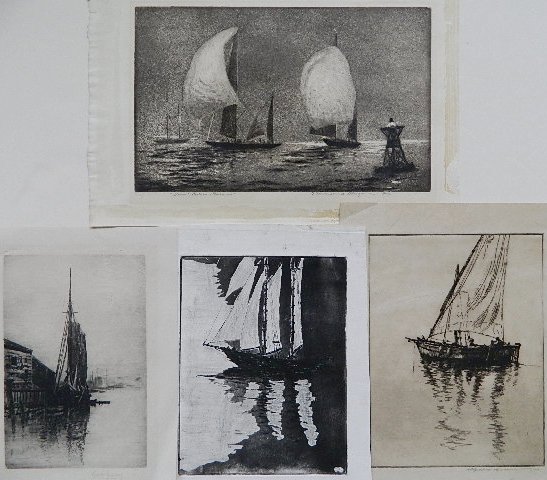 F. Townsend Morgan and others - 4 etchings: F. Townsend Morgan- ''Over! Bolero - Barnna''- etching and aquatint, signed and titled in pencil; together with 3 etchings (1 also aquatint) of Nautical Scenes- 2 signed (illegibly) in pencil and 1 in