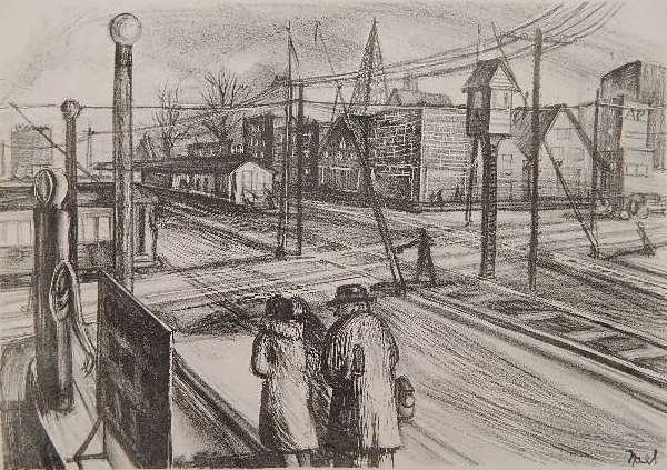 Helen Noel lithograph: Helen Noel- ''Railroad Tracks''- lithograph, ca. 1930. 8 5/8 x 12 1/2''