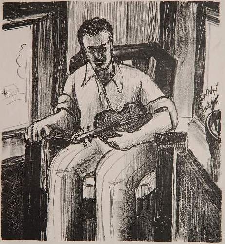 Helen Noel lithograph: Helen Noel- Man with Violin- lithograph, ca. 1930, #2/9 in pencil. 8 1/2 x 7 5/8''