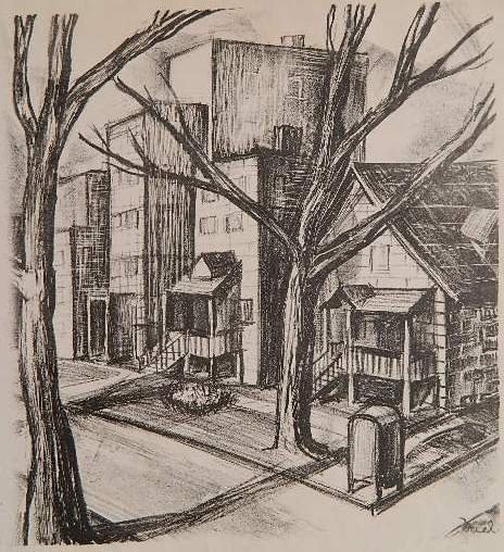 Helen Noel lithograph: Helen Noel- ''Chicago Cityscape I''- lithograph, ca. 1930, minor handling creases throughout. 10 x 9 1/4''