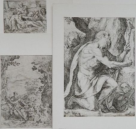 3 Old Master style etchings: 3 Old Master style etchings- after Annibale Carraci- Pieta; Unknown- St. Jerome; Agostino Carracci- St. Jerome, various sizes.