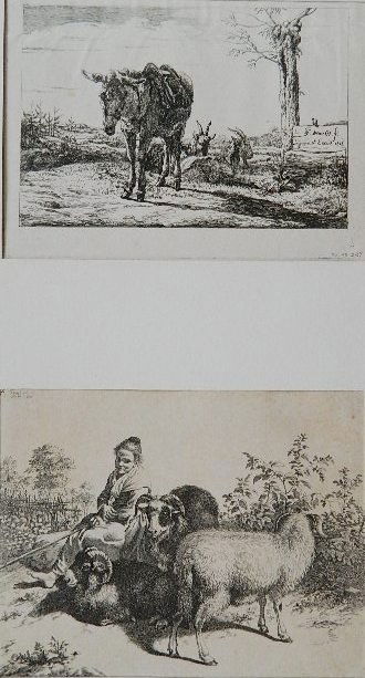 2 Old Master style etchings: 2 Old Master style etchings- Francesco Londonio- Shpherdess; Pierre Gerard van Os- Rural Scene with Donkey and Goats. 7 5/16 x 9 3/8''; 5 5/8 x 8 1/4''