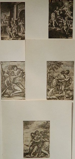 5 Old Master etchings: 5 Old Master etchings- ''Hercules and Omphale''; Embrace; Angel Clasping Woman; ''Venus Giving Arms to Aeneas'' and ''Aeneas Fleeing Troy with His Father Anchises, Son Ascanius, and wife Creusa''- 5 e