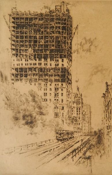 Joseph Pennell etching: Joseph Pennell- El Train Building A High Rise- etching, signed in pencil, laid down, light struck, paper loss, rough edges. 11 7/8 x 7 7/8''
