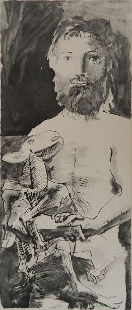 after Pablo Picasso lithograph: after Pablo Picasso- ''Etude Pour Le Mouton''- lithograph, 1967, after a preliminary watercolor for the sculpture ''Man with a Lamb'', a tribute to Max Jacob, stamped with green Picasso signature stam