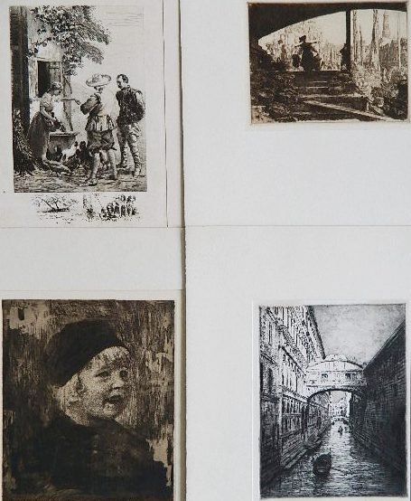 Rios; Miti-Zanetti; Zeising; Zoir - 4 etchings: 4 Etchings- 1.) Ricardo de la Rios- Rural Scene; 2.) Giuseppe Miti-Zanetti- Bridge of Sighs, Venice; 3.) Walter Zeising- Un Coin de Vielle Hamburg; 4.) Emil Zoir- The Smiling Boy. various sizes.