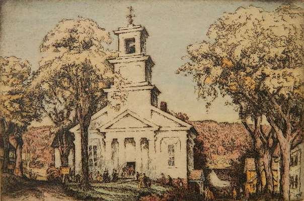 Frederick Robbins etching: Frederick Robbins- ''The Village Church''- etching with hand-coloring, signed and titled in pencil, glue reissued along bottom edge. 5 3/4 x 8 1/2''