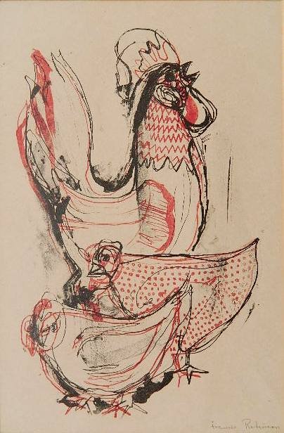 Frances Robinson lithograph: Frances Robinson- Cock and Hens- lithograph in colors, signed in pencil. 10 1/2 x 7''