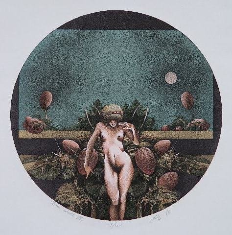 Richard Ruble etching: Richard Ruble- ''Moon Wall III''- etching in colors, 1978, signed, dated, titled and numbered 20/125 in pencil. 14 1/2'' dia.
