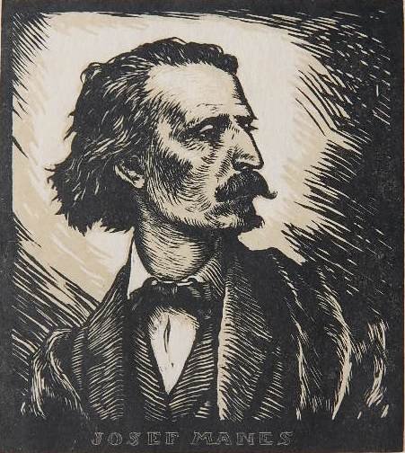 Tavik F. Simon woodcut: Tavik F. Simon- Portrait of Joseph Manes- woodcut in 2 colors, signed in pencil, artist's chop in red, very good condition. 6 5/8 x 5 7/8''