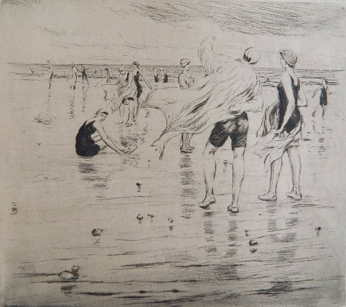 Tavik F. Simon etching: Tavik F. Simon, ''Impressions of The Sea II, In The Wind At The Sea'' (Novak 428), drypoint, 1925, signed in pencil, artist's red stamp, paper age toned, minor handling creases throughout. 7 x 7 7/8''
