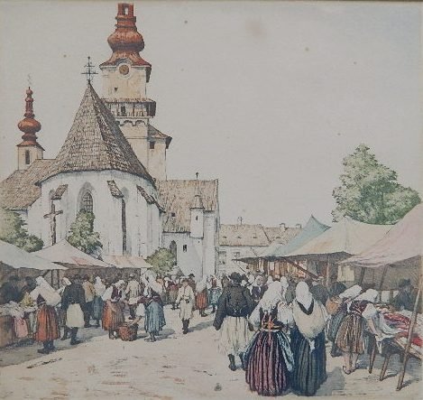 Tavik F. Simon aquatint: Tavik F. Simon- ''Market in Zvolen, Slovakia'' (Novak 421)- softground and aquatint in colors, 1925, signed and numbered 169 in pencil, edition of 290, mat burn, some foxing throughout laid down. 13 5