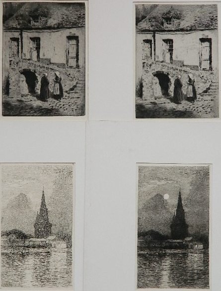 Jeanne Simonnet; Homere Stavros - 4 etchings: Jeanne Simonnet- ''La Tour de la Lanterne a la Rochelle'' (2); Homere Stavros- ''Gossip'' (2)- 4 etchings, 1913, 1907, Stavros signed in pencil, various sizes.